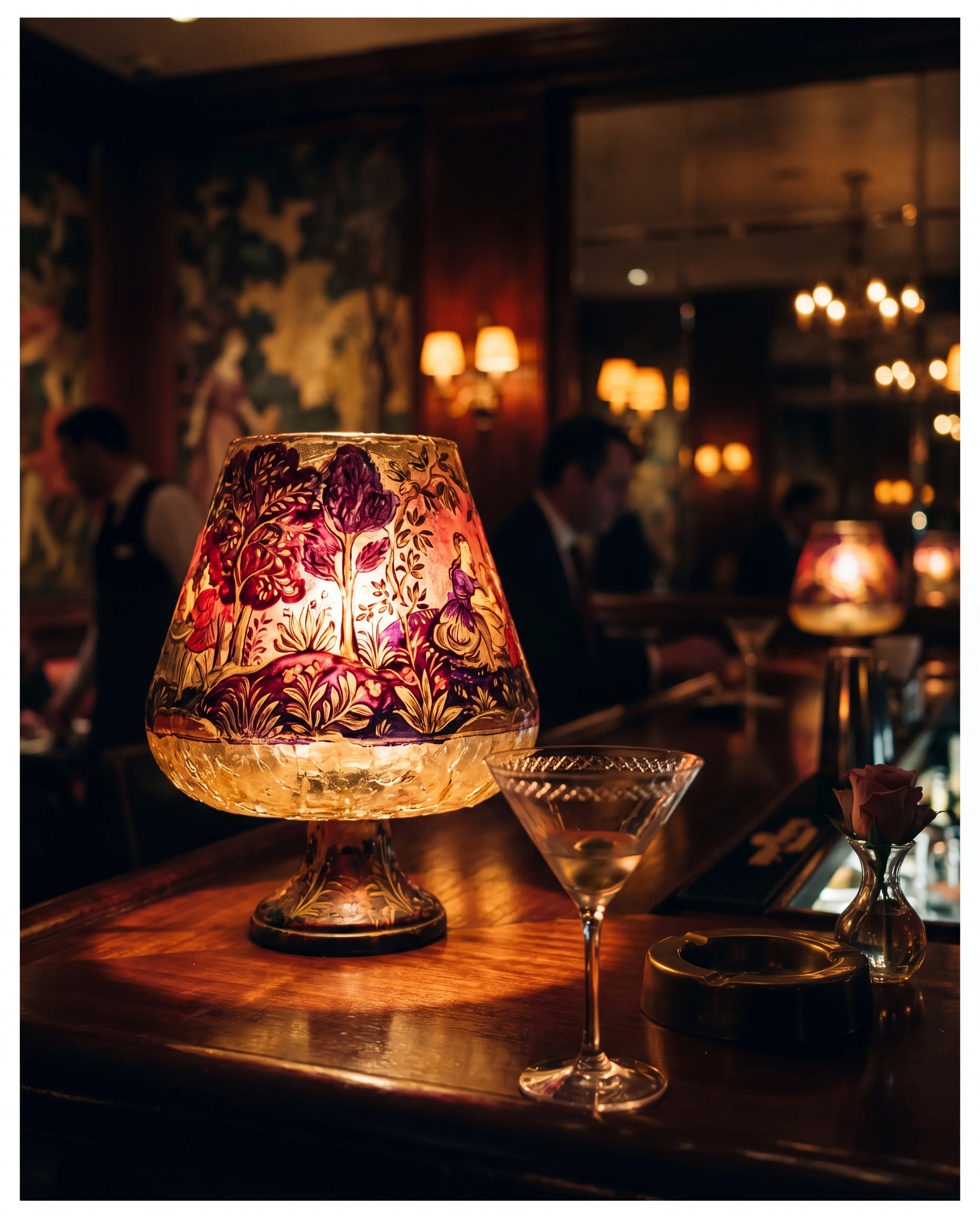 hand-painted lampshade glowing at the bar — last sip of the room.